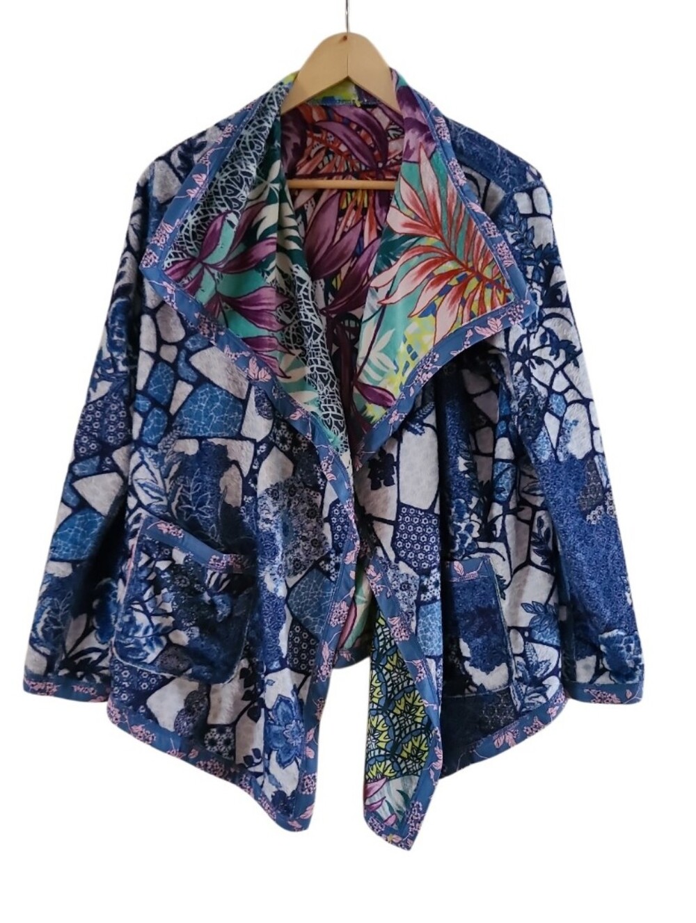 Johnny Was Biya Bordona Fleece Sherpa Reversible Longsleeve Jacket Blue Multi